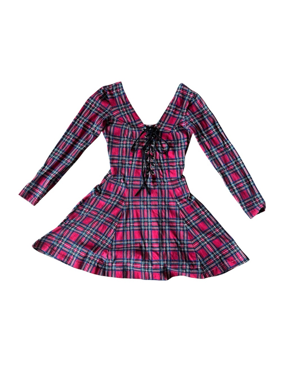 Lip Service Vintage Medium Tartan Plaid Dress Lace Long Sleeve Mini Punk Goth